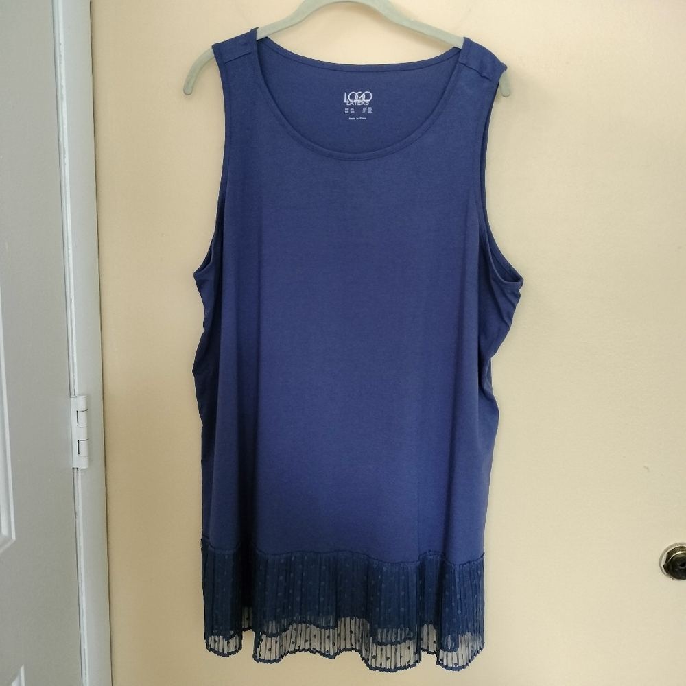 Logo Layers 2X Blue Cotton Modal Blend Sleeveless Top Tunic Lace Hem Lagenlook